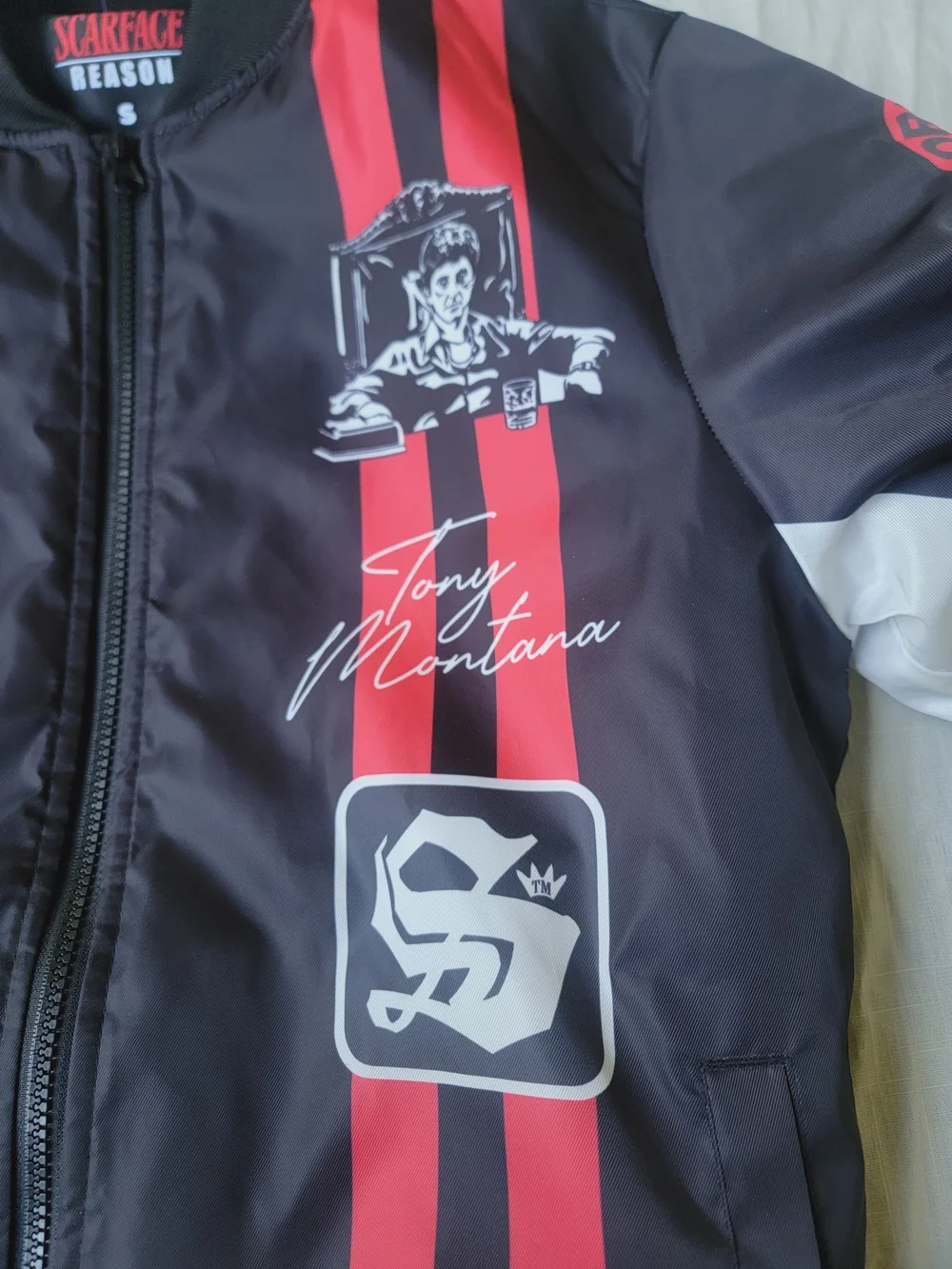 Reason SCARFACE  Black Red Nostalgic Bomber Racer Stripe Bomber Jacket Nwt S